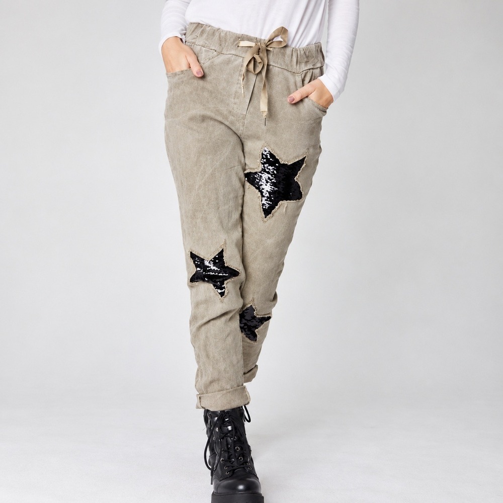 Venti6 Jogger Pants Taupe Black Sequin Star Patch Drawstring Trousers Sz M
